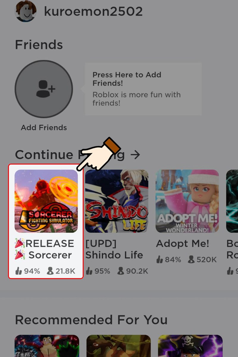 Vào game Roblox > Nhấn chọn Sorcerer Fighting Simulator Vào game Roblox > Nhấn chọn Sorcerer Fighting Simulator