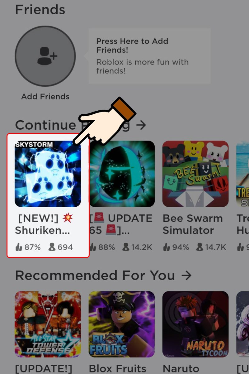 Vào game Roblox > Nhấn chọn mode chơi Shuriken Simulator Vào game Roblox > Nhấn chọn mode chơi Shuriken Simulator