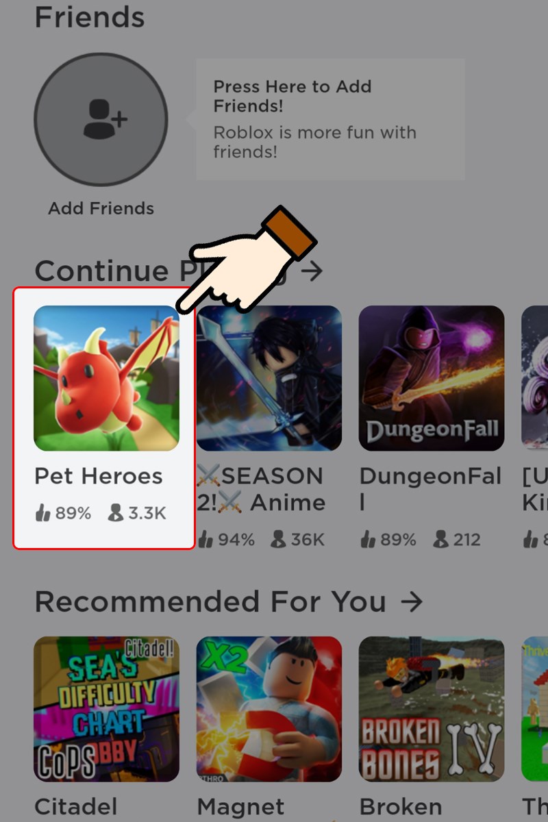 Vào game Roblox > Nhấn chọn Pet Heroes Vào game Roblox > Nhấn chọn Pet Heroes