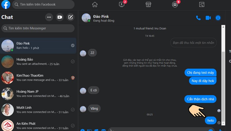 Truy cập Messenger > Chọn cuộc trò chuyện với người bạn trên Messenger mà có tin nhắn bạn muốn xóa. Truy cập Messenger > Chọn cuộc trò chuyện với người bạn trên Messenger mà có tin nhắn bạn muốn xóa.
