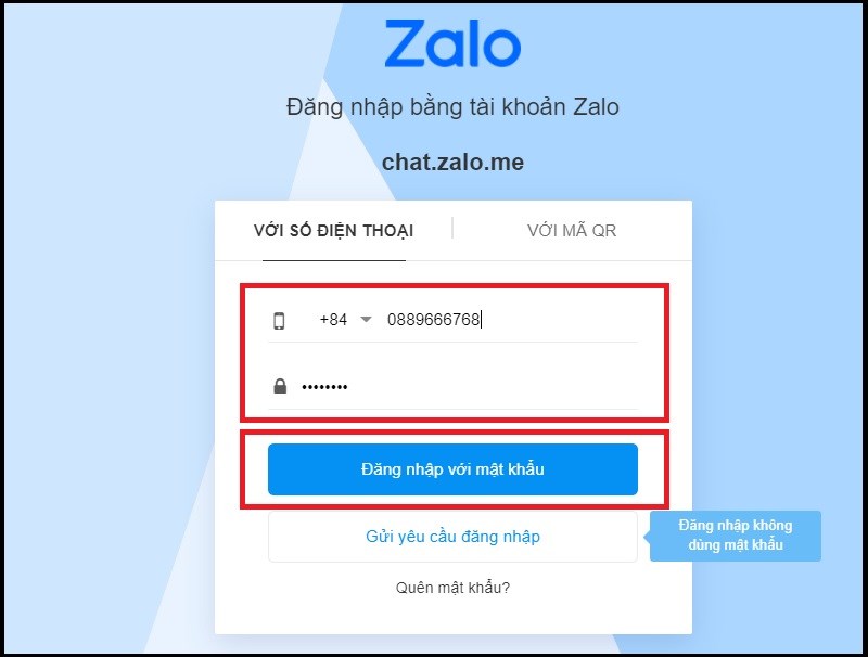 Điền thông tin đăng nhập trên Zalo web Điền thông tin đăng nhập trên Zalo web