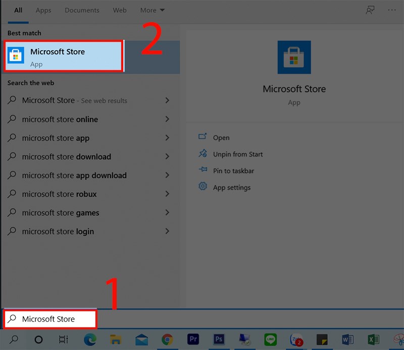 Nhập và chọn Microsoft Store Nhập và chọn Microsoft Store