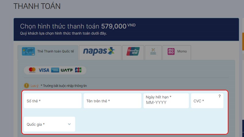 Nhập thông tin tài khoản thẻ thanh toán quốc tế Nhập thông tin tài khoản thẻ thanh toán quốc tế