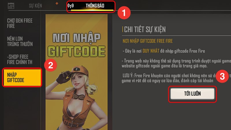 Chọn mục Thông báo > nhập Giftcode > nhấn Tới luôn Chọn mục Thông báo > nhập Giftcode > nhấn Tới luôn