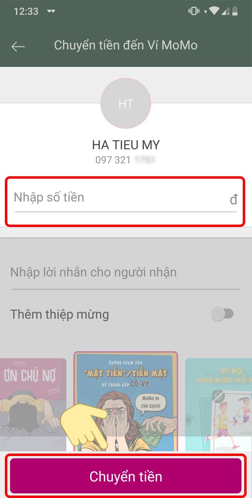 11-517x1020-1 Bước 3: Nhập số tiền mà bạn muốn chuyển. Lưu ý: số tiền phải nhỏ hơn số tiền bạn có trong Ví MoMo.