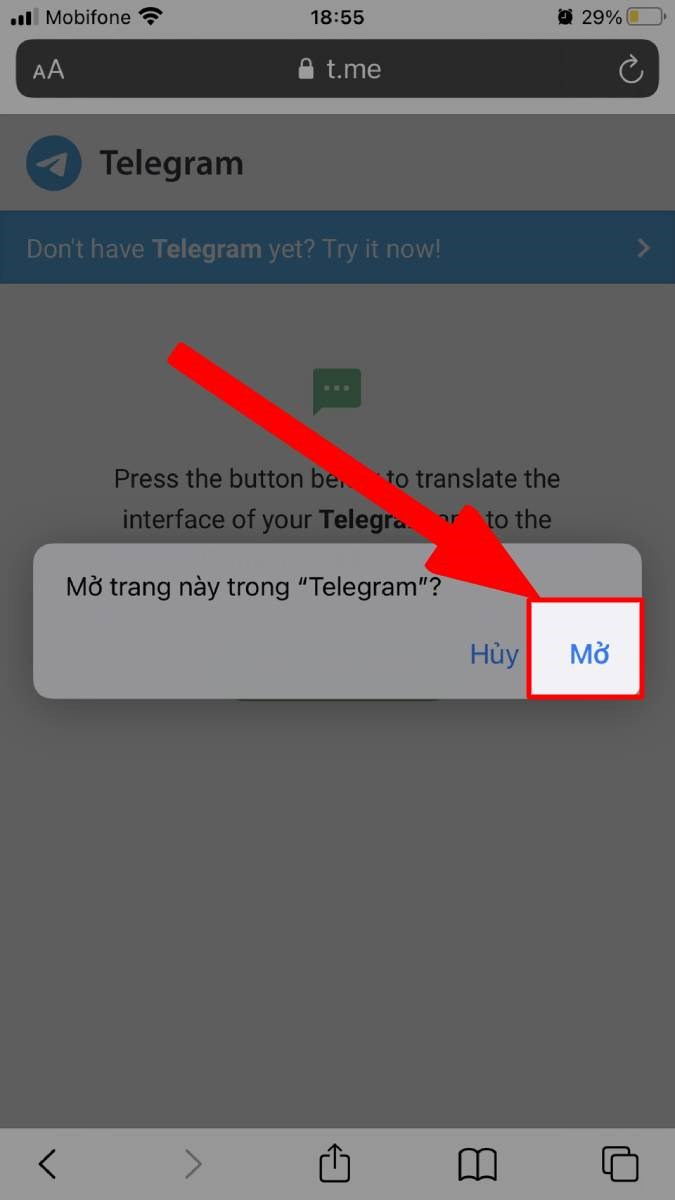 Chọn Mở trang này trong Telegram Chọn Mở trang này trong Telegram