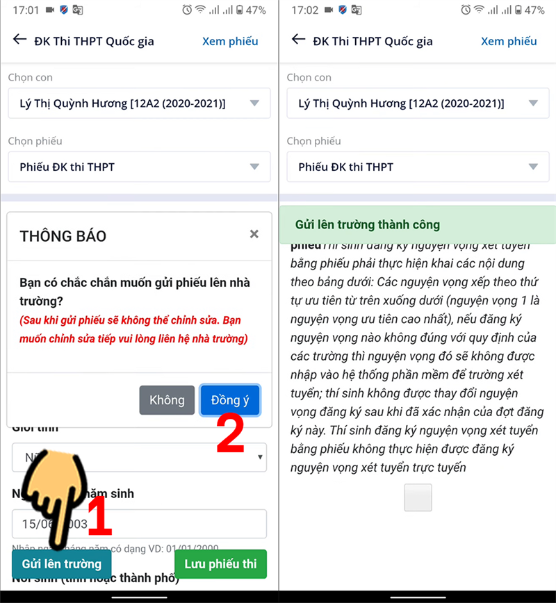 Chọn mục Gửi lên trường Chọn mục Gửi lên trường