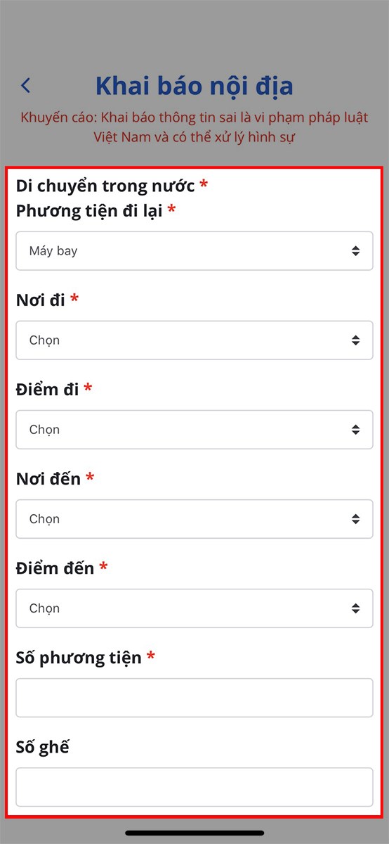 Điền các thông tin về lịch sử di chuyển trong nước Điền các thông tin về lịch sử di chuyển trong nước