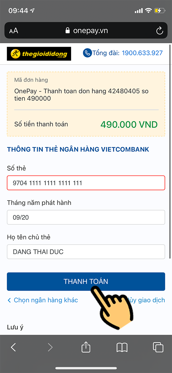 Nhập số thẻ, tên, tháng/năm phát hành Nhập số thẻ, tên, tháng/năm phát hành