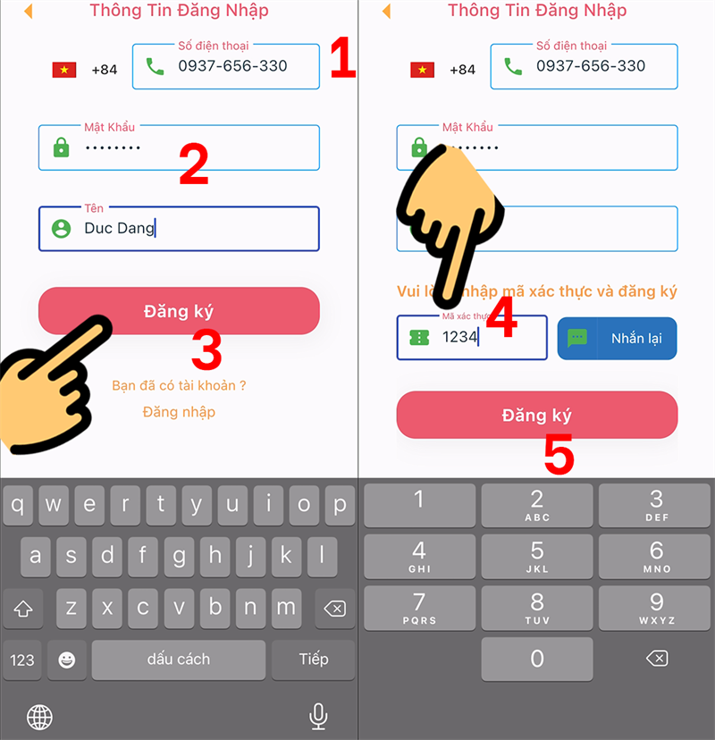Điền OTP là 1234 Điền OTP là 1234