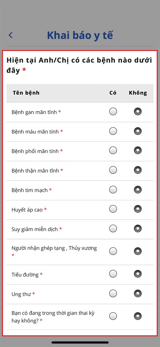 Nhấn dấu vào ô Có hoặc Không với các triệu chứng bệnh tương ứng Nhấn dấu vào ô Có hoặc Không với các triệu chứng bệnh tương ứng