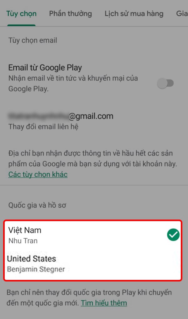 Trong mục "Quốc gia và hồ sơ", chọn quốc gia bạn muốn thay đổi. Trong mục "Quốc gia và hồ sơ", chọn quốc gia bạn muốn thay đổi.