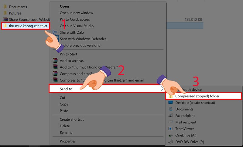 Bấm chuột phải vào file hoặc folder trong OneDrive folder chọn Send to sau đó chọn Compressed (zipped) folder. Bấm chuột phải vào file hoặc folder trong OneDrive folder chọn Send to sau đó chọn Compressed zipped folder.