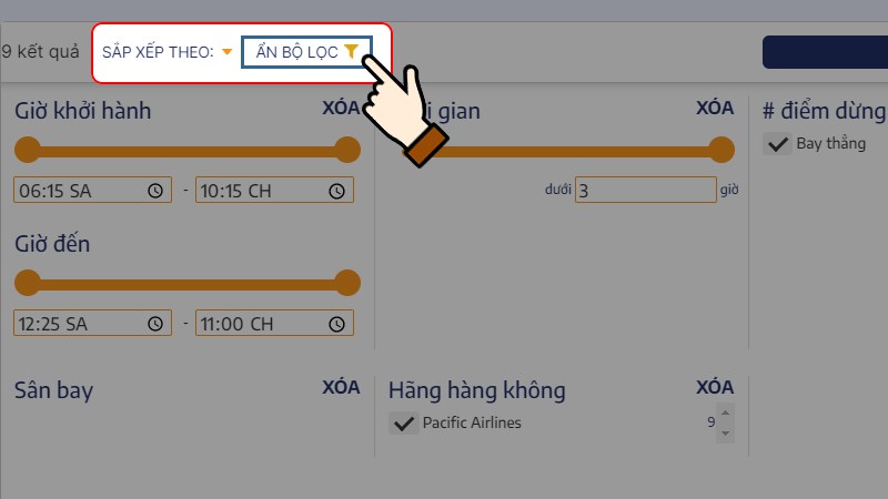 Công cụ sắp xếp (theo giá và thời gian) hoặc dùng hiển thị bộ lọc Công cụ sắp xếp (theo giá và thời gian) hoặc dùng hiển thị bộ lọc