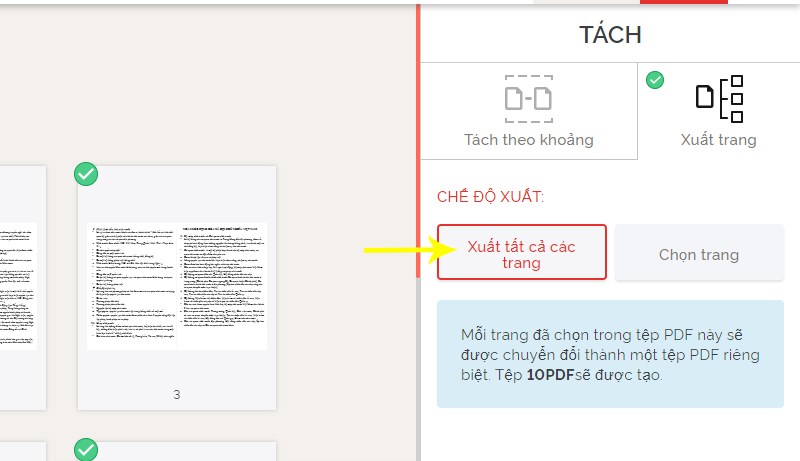 Tách với tùy chọn Xuất tất cả các trang Tách với tùy chọn Xuất tất cả các trang