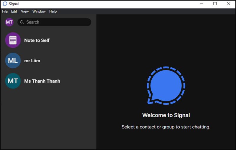 Giao diện ứng dụng Signal trên máy tính. Giao diện ứng dụng Signal trên máy tính.