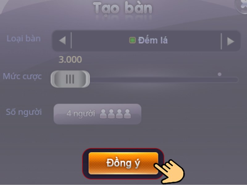 Sau đó, lựa chọn số tiền cược, người chơi bạn chọn "Đồng ý" Sau đó, lựa chọn số tiền cược, người chơi bạn chọn "Đồng ý"