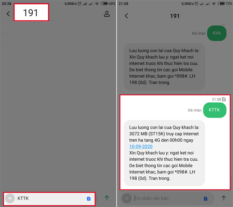 Cú pháp và kết quả hiển thị kết quả kiểm tra dung lượng của gói cước Cú pháp và kết quả hiển thị kết quả kiểm tra dung lượng của gói cước
