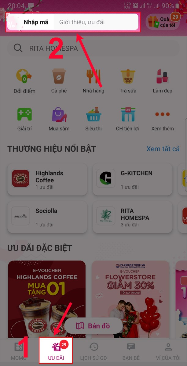 Chọn Ưu đãi và bấm chọn nhập mã. Chọn Ưu đãi và bấm chọn nhập mã.