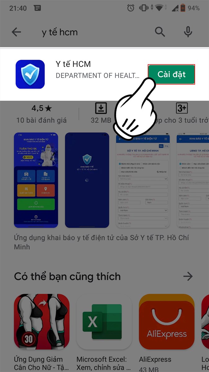 Nhấn vào Cài đặt để tải ứng dụng Y tế HCM về điện thoại Nhấn vào Cài đặt để tải ứng dụng Y tế HCM về điện thoại
