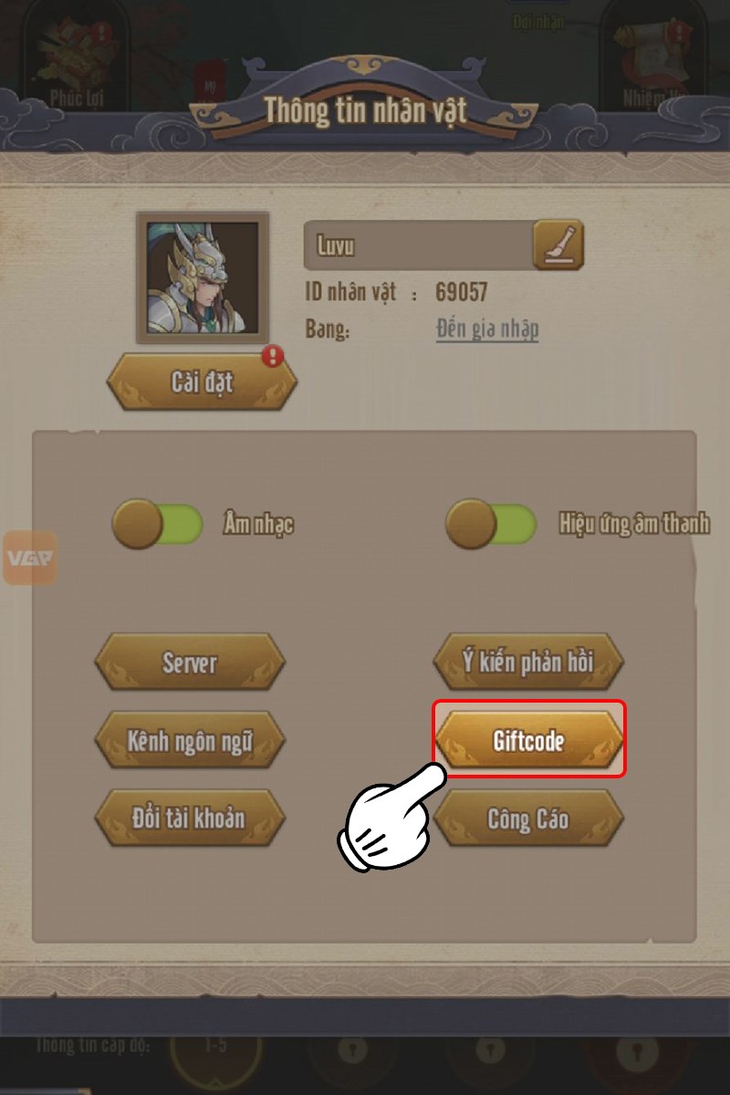 Vào cài đặt Chọn Giftcode