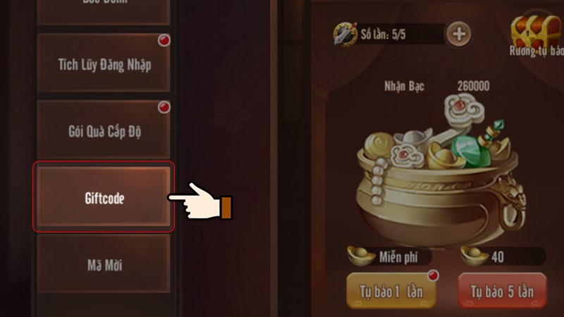 Chọn mục Giftcode Chọn mục Giftcode
