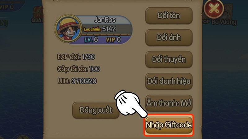 Nhấn vào Nhập giftcode Nhấn vào Nhập giftcode