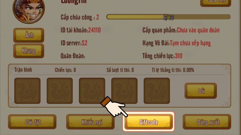 Nhấn chọn mục Giftcode Nhấn chọn mục Giftcode