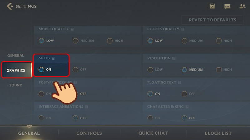 Ở mục 60 FPS, chọn ON Ở mục 60 FPS, chọn ON