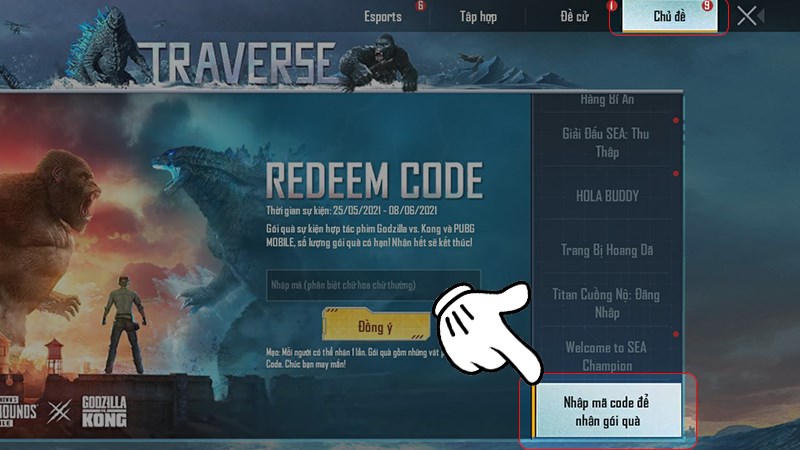 Chọn Nhập mã code để nhận quà Chọn Nhập mã code để nhận quà