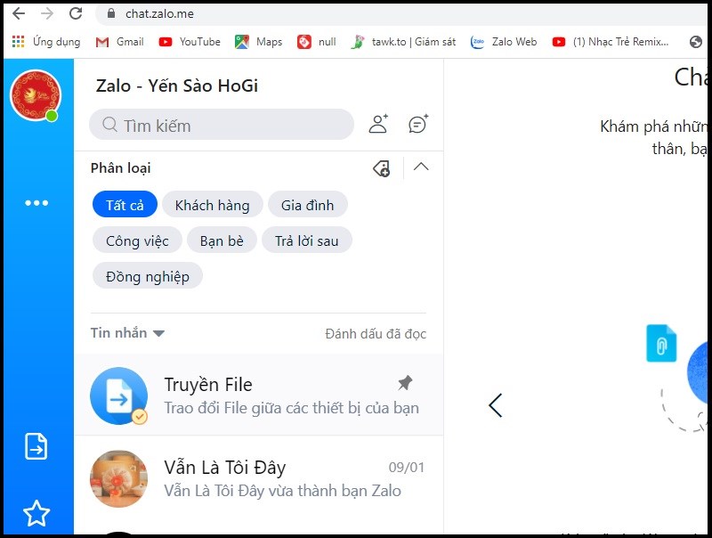 Tài khoản Zalo thứ nhất đã được đăng nhập trên Zalo web Tài khoản Zalo thứ nhất đã được đăng nhập trên Zalo web