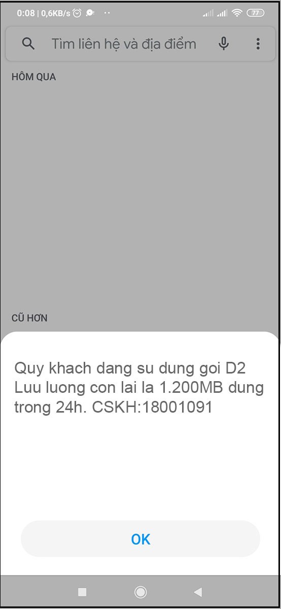 Đợi vài giây sẽ có thông báo gửi về số dung lượng data còn lại