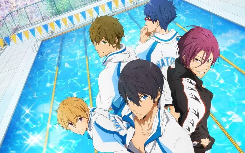 Năm thành viên trong đội bơi gồm Haruka, Makoto, Nagisa, Rin và Rei Năm thành viên trong đội bơi gồm Haruka, Makoto, Nagisa, Rin và Rei