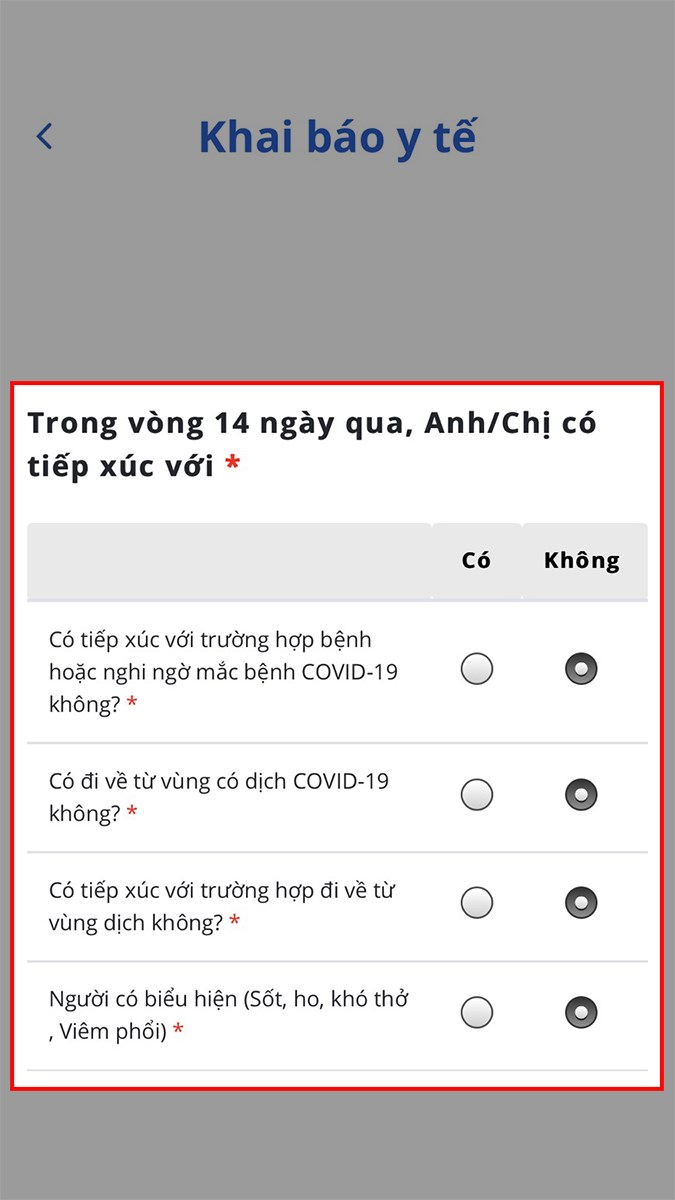 Nhấn dấu vào ô Có hoặc Không với các trường hợp tương ứng Nhấn dấu vào ô Có hoặc Không với các trường hợp tương ứng