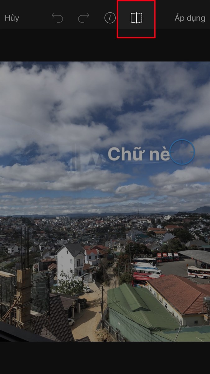 Nhấn vào biểu tượng hình vuông để xem lại ảnh trước và sau khi xóa chữ Nhấn vào biểu tượng hình vuông để xem lại ảnh trước và sau khi xóa chữ