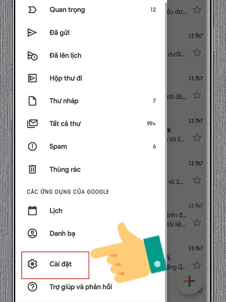 3-1-750x1000-1-1 Mở ứng dụng Gmail trên điện thoại > Chọn biểu tượng 3 gạch góc trái > Kéo xuống dưới chọn Cài đặt.