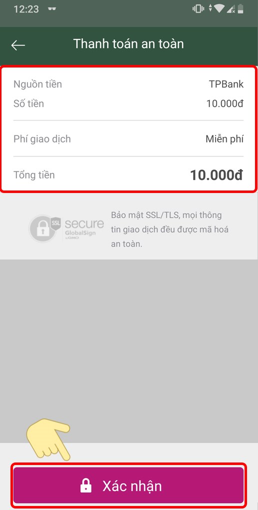 3-517x1020-2 Bước 3: Thông tin và phí giao dịch sẽ hiển thị ở trên. Nếu đã đúng, hãy Xác nhận giao dịch.