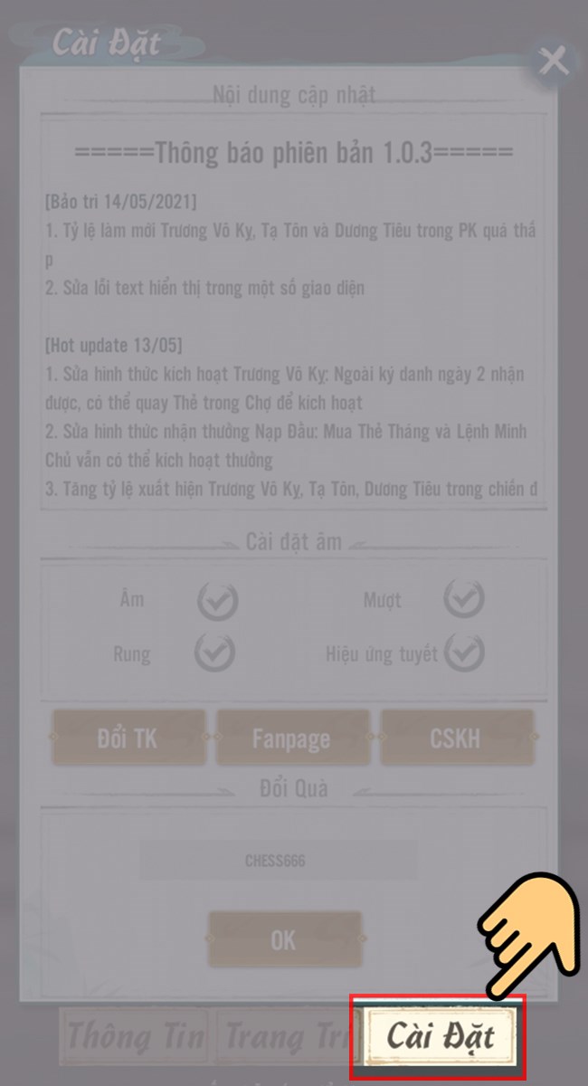 Chọn mục cài đặt. Chọn mục cài đặt.