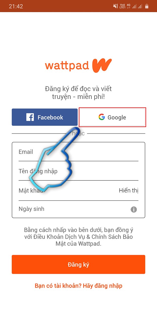 3-cach-dang-ky-tai-khoan-wattpad-tren-dien-thoai-may-tinh16-623x1279-1 Bước 2: Nếu bạn muốn đăng ký tài khoản qua Google, nhấn vào mục Google.