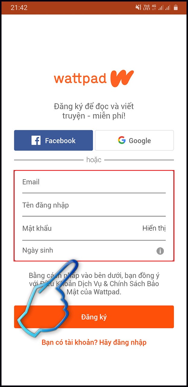 3-cach-dang-ky-tai-khoan-wattpad-tren-dien-thoai-may-tinh212-623x1279-1 Bước 3: Sau đó, giao diện hiển thị mới hiện ra, bạn cần phải điền đầy đủ thông tin trong ô