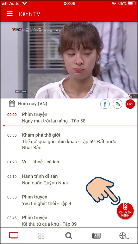 Tại biểu tượng Tivi bạn có thể tham khảo lịch phát sóng của kênh bạn đang xem trực tuyến hoăc bạn chọn Chuyển kênh để tham khảo kênh truyền hình khác. Tại biểu tượng Tivi bạn có thể tham khảo lịch phát sóng của kênh bạn đang xem trực tuyến hoăc bạn chọn Chuyển kênh để tham khảo kênh truyền hình khác.
