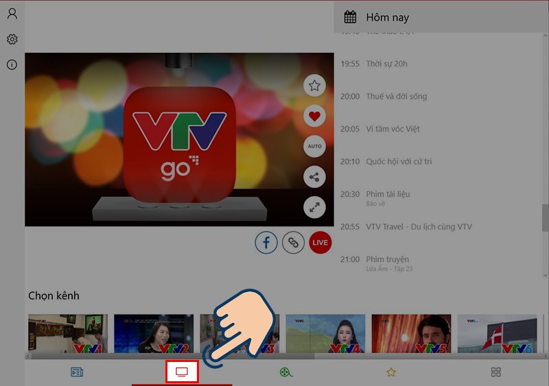 Vào ứng VTV GO trên máy tính, tại đây bạn hãy chọn vào biểu tượng Tivi. Vào ứng VTV GO trên máy tính, tại đây bạn hãy chọn vào biểu tượng Tivi.