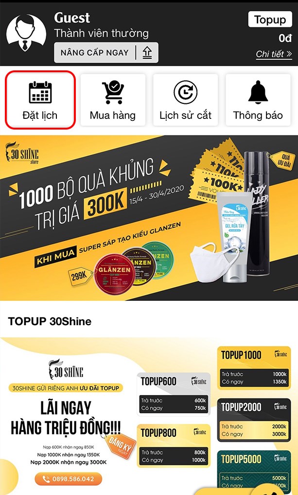 30shine3-613x1020-1 Mở ứng dụng 30Shine, chọn mục Đặt lịch.