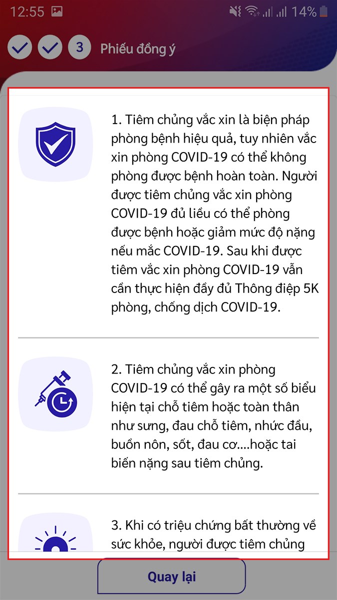 Tại mục Phiếu đồng ý, bạn đọc kỹ các thông tin tiêm chủng cũng như các cảnh báo, nhắc nhở sau khi tiêm vắc-xin,... Tại mục Phiếu đồng ý, bạn đọc kỹ các thông tin tiêm chủng cũng như các cảnh báo, nhắc nhở sau khi tiêm vắc-xin,...