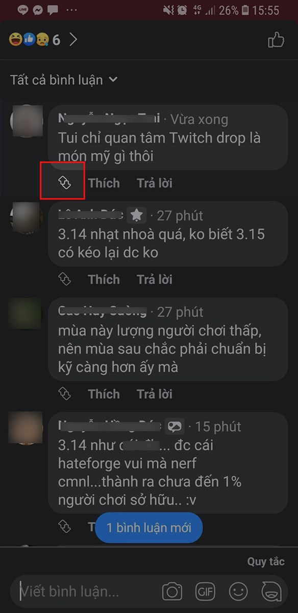 Nhấn vào biểu tượng 2 mũi tên ở góc dưới bên trái bình luận Nhấn vào biểu tượng 2 mũi tên ở góc dưới bên trái bình luận