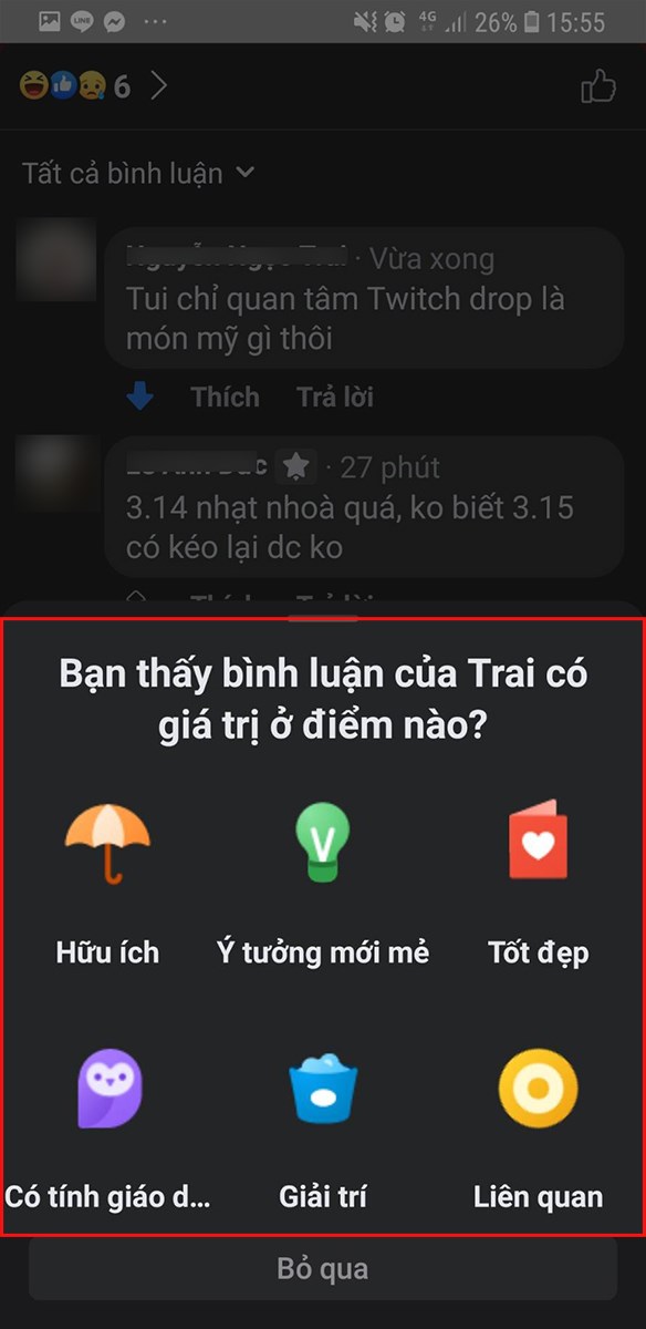 Sau khi chọn có, bạn chọn các tùy chọn tương ứng tại mục Bạn thấy bình luận của người bình luận có giá trị ở điểm nào Sau khi chọn có, bạn chọn các tùy chọn tương ứng tại mục Bạn thấy bình luận của người bình luận có giá trị ở điểm nào