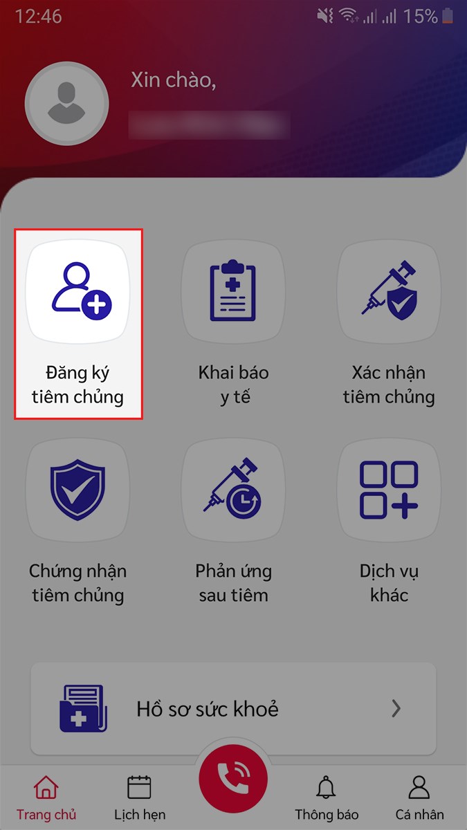Mở ứng dụng Sổ sức khỏe điện tử, chọn Đăng ký tiêm chủng Mở ứng dụng Sổ sức khỏe điện tử, chọn Đăng ký tiêm chủng