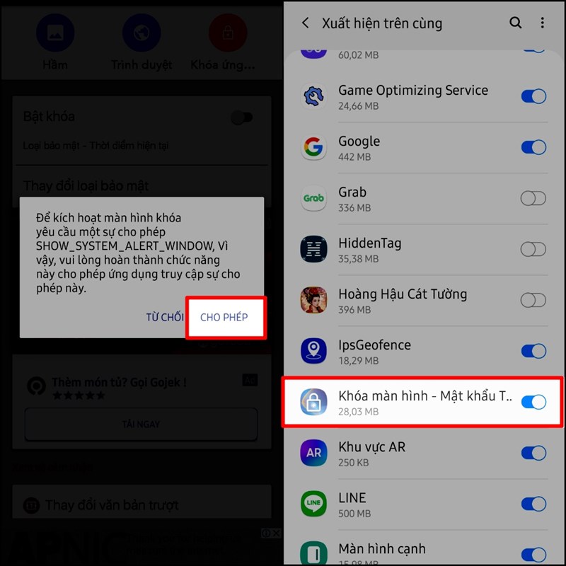 Cho phép ứng dụng xuất hiện trên cùng để khóa màn hình Cho phép ứng dụng xuất hiện trên cùng để khóa màn hình