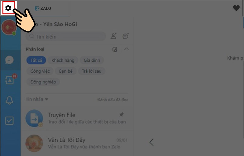 Bấm chọn biểu tượng bánh xe góc trái để thêm tài khoản Zalo thứ 2 Bấm chọn biểu tượng bánh xe góc trái để thêm tài khoản Zalo thứ 2