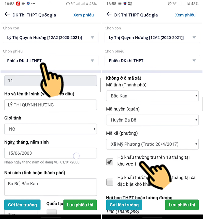 Chọn mục Phiếu ĐK Thi THPT Chọn mục Phiếu ĐK Thi THPT